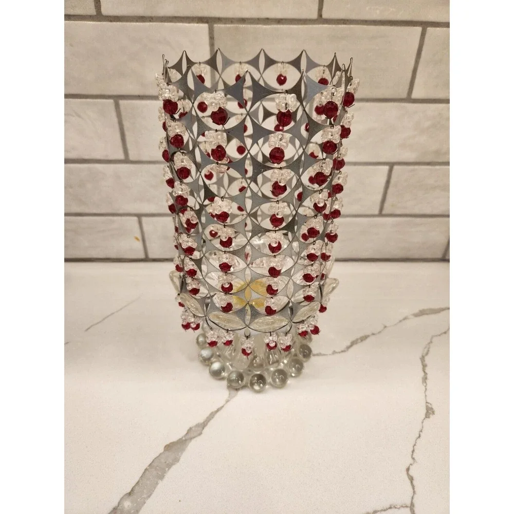 MCM Style 70s Or 80s Candle Holder Glass Base‎ With Beaded And Metal Tin Shade